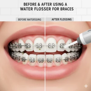 Before and after comparison showing the effective removal of food particles from dental braces using a water flosser.