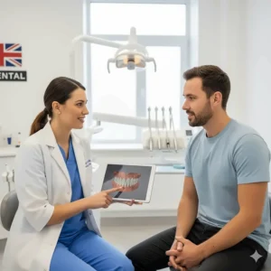 A UK dentist discussing the safety of charcoal toothpaste with a patient in a dental surgery.