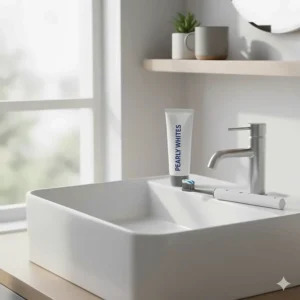 An illustration of a bathroom sink with a toothbrush and a tube of coffee stain removal toothpaste.