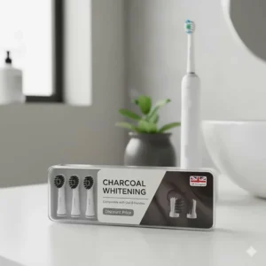 Illustration of charcoal-infused replacement heads compatible with Oral-B brushes at a discount price.