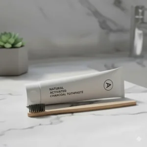 A tube of activated charcoal toothpaste next to a sustainable bamboo toothbrush on a white marble surface.