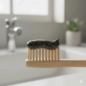 Close-up of toothpaste texture on a bamboo toothbrush, highlighting stain-removing particles.