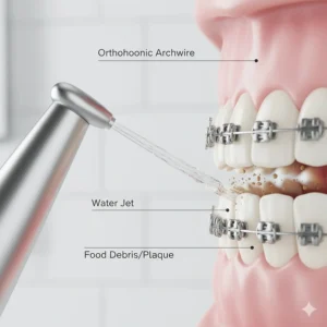 Close-up diagram of a water flosser tip reaching the difficult areas underneath a dental archwire.