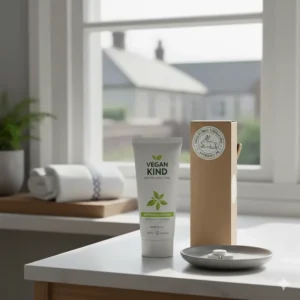 An ethical vegan toothpaste tube featuring a cruelty-free leaping bunny logo, set against a clean and professional background.