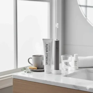 A morning routine setup on a bathroom counter featuring whitening toothpaste and an electric toothbrush.