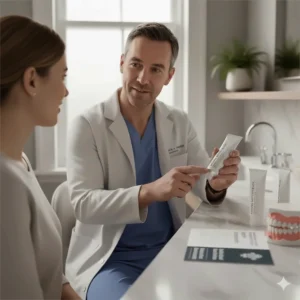 A professional UK dentist discussing whether fluoride-free toothpaste is safe for patients with sensitive teeth.