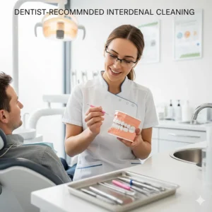 A professional dental setting in the UK with a dentist demonstrating the correct grip for an angled interdental brush.