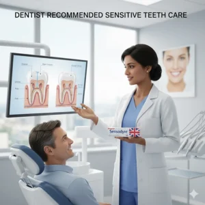 A British dentist in a clinical setting explaining the benefits of using a daily toothpaste for sensitive teeth.