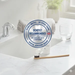 A modern bathroom setting featuring a dentist-recommended whitening toothpaste designed specifically for people with tooth sensitivity.