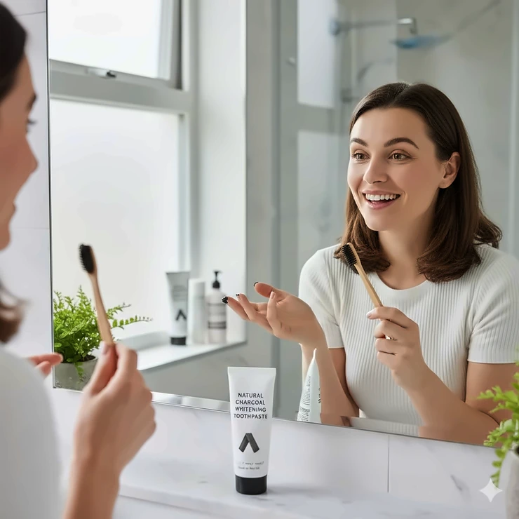 A person smiling in a bathroom mirror holding a toothbrush with black charcoal toothpaste, questioning if it really works. charcoal toothpaste really work