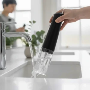 Close-up of a 300ml easy-fill water reservoir on a cordless flosser model.