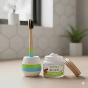 A sustainable morning routine including a bamboo toothbrush and plastic-free natural toothpaste displayed on a light timber vanity.