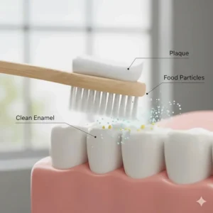 Illustration showing the mechanical action of brushing to remove plaque using a natural toothpaste formula.