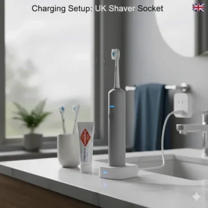 An electric toothbrush standing on its charging dock, neatly organised in a contemporary British bathroom setting.