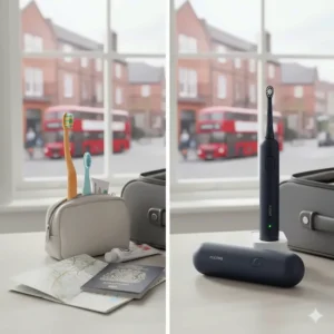 A side-by-side comparison of a manual brush and a compact travel electric toothbrush for a UK holiday kit.
