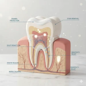 Close-up of a premium toothpaste tube and a sustainable bamboo toothbrush on a white marble counter in a modern UK home.