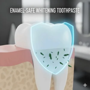 A protective shield diagram illustrating how enamel-safe whitening toothpaste prevents tooth decay.