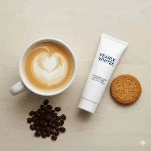 A flat-lay illustration of a flat white coffee next to a tube of British-standard whitening toothpaste.