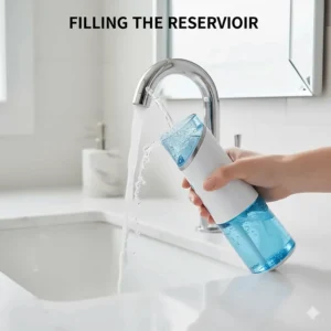 A hand filling a water flosser reservoir directly from a modern chrome bathroom tap.