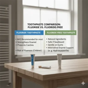 A comparison table highlighting the benefits and safety considerations of fluoride-free versus conventional UK toothpaste brands.