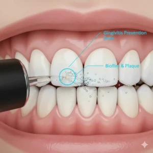 Graphic demonstrating a cordless water flosser removing plaque to prevent gingivitis and gum disease.