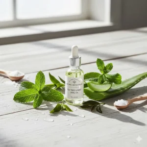 Flat lay of British peppermint, aloe vera, and tea tree oil used in safe fluoride-free oral care products.