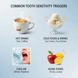 Visual representation of common British sensitivity triggers, including hot coffee, iced water, and cold winter air.