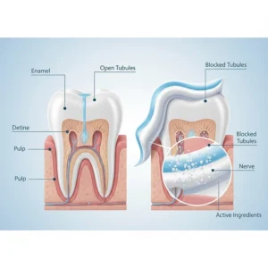 Detailed diagram showing how desensitising toothpaste blocks microscopic tubules in the dentine to prevent nerve signals.
