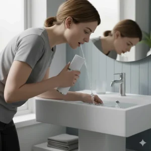 A person using an affordable water flosser over a bathroom sink, demonstrating the correct technique.
