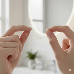 Close-up of hands demonstrating the correct C-shape technique with manual dental floss between teeth.