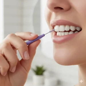 Close-up illustration showing a person gently inserting an interdental brush between their teeth at a 90-degree angle.