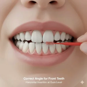 A photorealistic close-up demonstrating the correct horizontal insertion of a red TePe interdental brush between front teeth at the gum level.