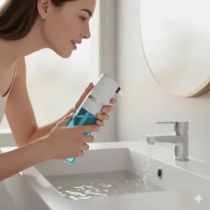 An illustrative guide showing a person leaning over a bathroom sink using a water flosser at the correct 90-degree angle.