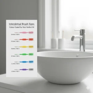 A UK standard colour-coded chart showing various interdental brush sizes from 0.4mm to 1.1mm for different gap widths.