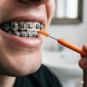 A person with fixed orthodontic braces using a small interdental brush to clean under the wire and around the brackets.