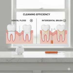 A side-by-side comparison of traditional dental floss and an interdental brush, highlighting the efficiency of brushes for larger gaps.