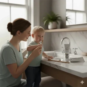 A British mother helping her toddler use safe fluoride-free toothpaste during their morning routine.