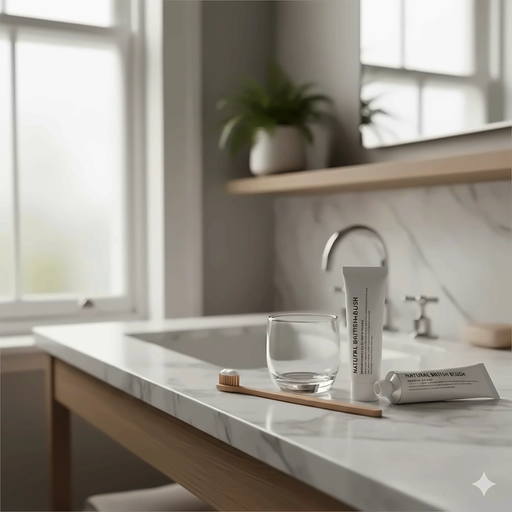 A wooden toothbrush with natural fluoride-free toothpaste on a marble counter in a bright UK bathroom. fluoride free toothpaste safe