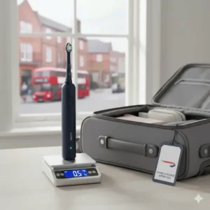 A lightweight electric toothbrush being weighed, demonstrating it fits easily within UK airline hand luggage restrictions.