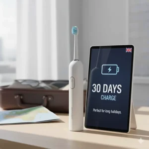 An electric toothbrush with a 30-day battery life icon, perfect for long holidays away from UK power sockets.