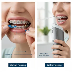 Infographic comparing the ease of using a water flosser versus traditional manual floss threaders for cleaning fixed braces.