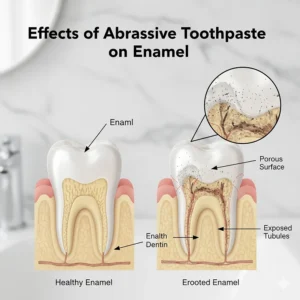 A detailed diagram showing the effects of abrasive toothpaste on the protective layer of tooth enamel.