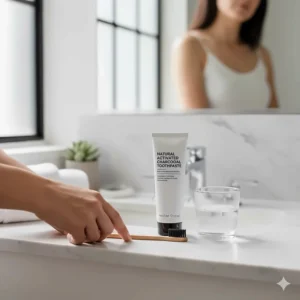 A lifestyle shot of a British bathroom sink with charcoal toothpaste as part of a daily morning routine.