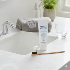 A photorealistic lifestyle shot of a bathroom vanity with a toothpaste tube formulated to soothe dental nerves and remove surface stains.