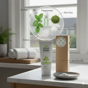 A detailed close-up shot of natural peppermint leaves and botanical ingredients used in British vegan toothpaste formulations.