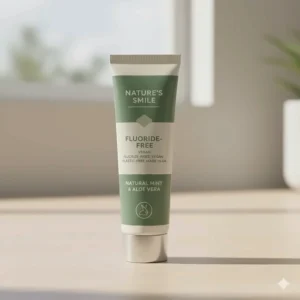 Photorealistic shot of premium natural toothpaste beside a minimalist plant pot and white towels in a bright, airy bathroom setting.