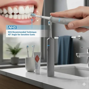 Demonstration of the 45-degree angle brushing technique recommended by UK dental professionals for sensitive teeth.
