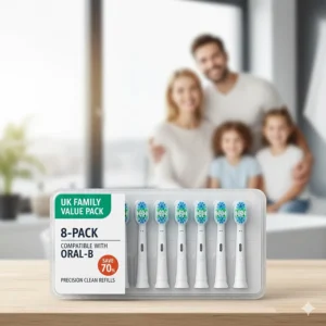 Graphic showing an 8-pack of replacement heads, ideal for families looking for cheap dental care options.