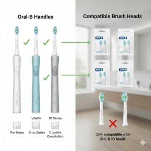 Illustration showing how budget-friendly replacement heads fit various Oral-B electric toothbrush models.