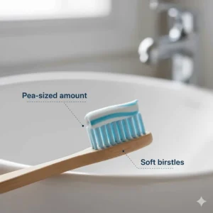 A pea-sized amount of sensitive toothpaste on a soft-bristled toothbrush, aligned with NHS oral health recommendations.